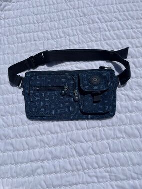 Kipling Navy Patterned Waist Bag with Black Strap